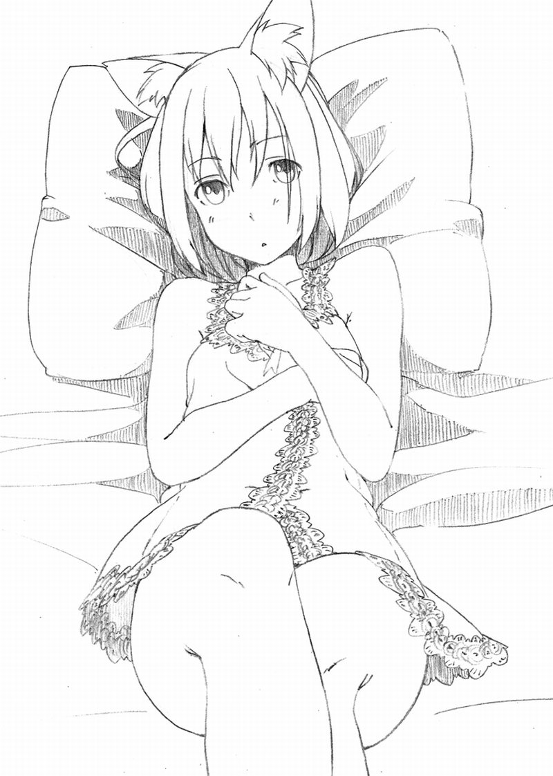 черно белая картинка аниме девушка лисёнок majima_yuki на кровати