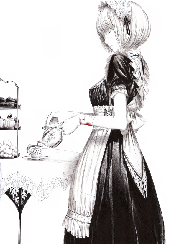 черно белая картинка аниме девушка заваривает чай художник sawasawa