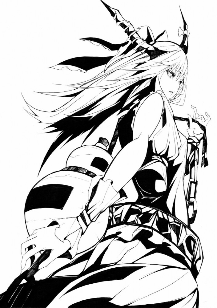 черно белая картинка аниме девушка демон ibuki suika