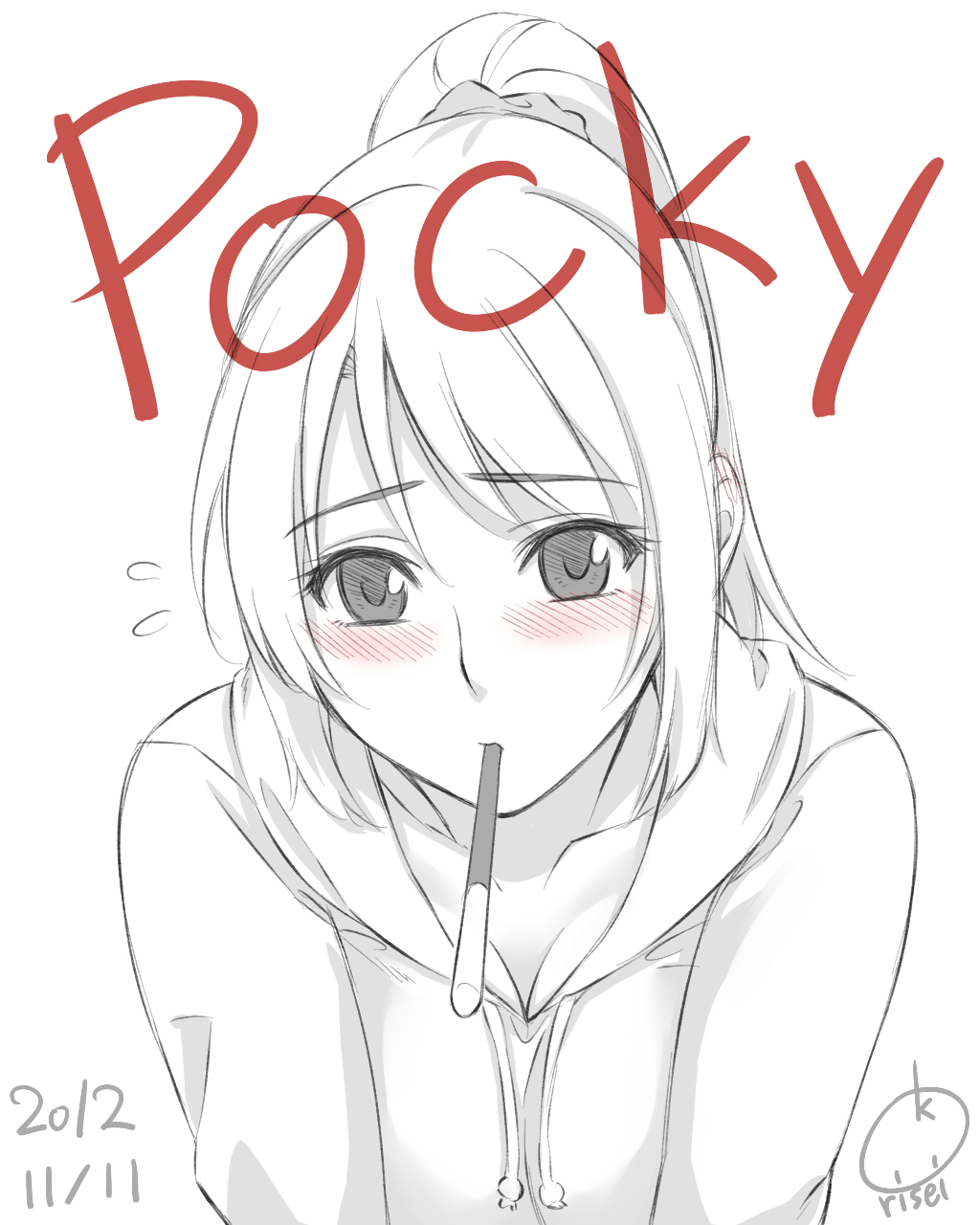 черно белая картинка смущённая аниме девушка pocky художник risei_k 2012 год