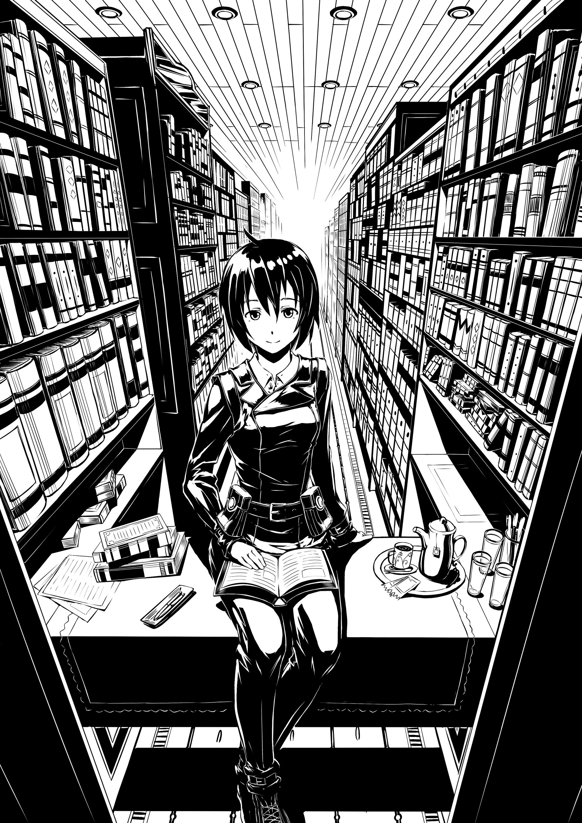 черно белая картинка аниме девушка читает книгу в библитотеке kino_no_tabi