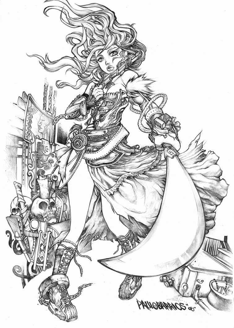 черно белая картинка девушка с мечом и пистолетом художник paulo_barrios
