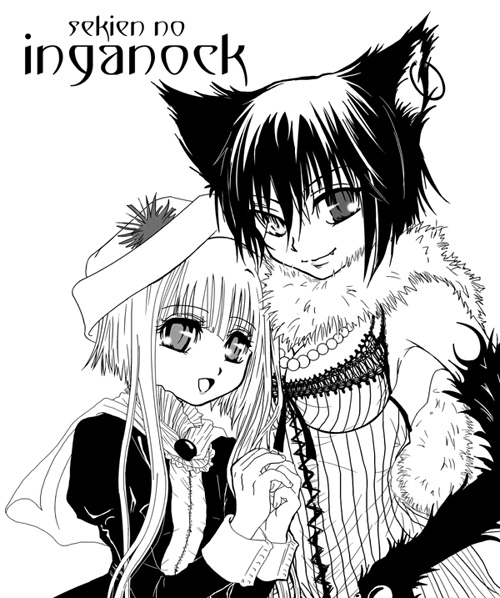 черно белая картинка аниме девочка и неко девочка sekien no inganock
