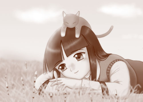 черно белая картинка девочка с кошкой на голове oka takeshi