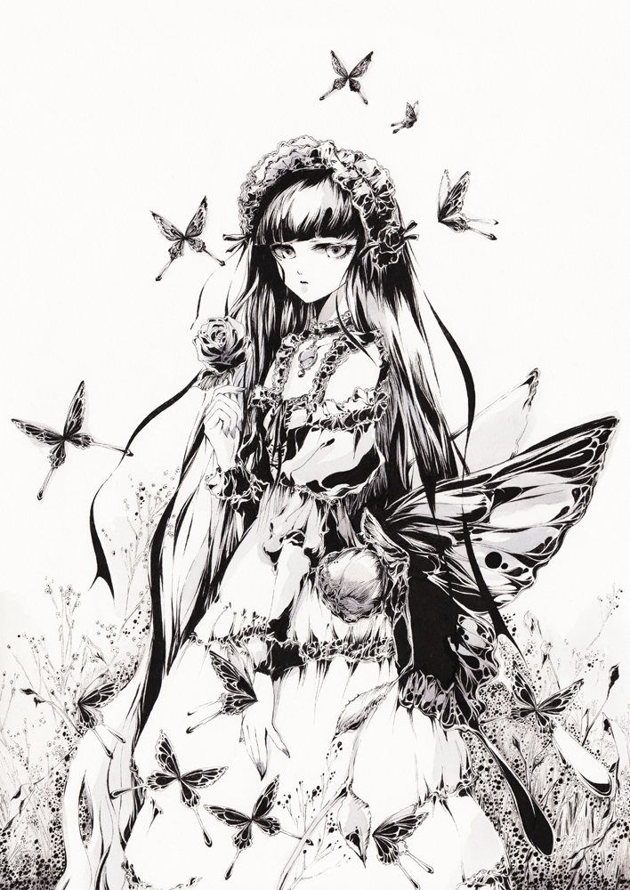 черно белая картинка аниме девушка с бабочками и цветами charmal