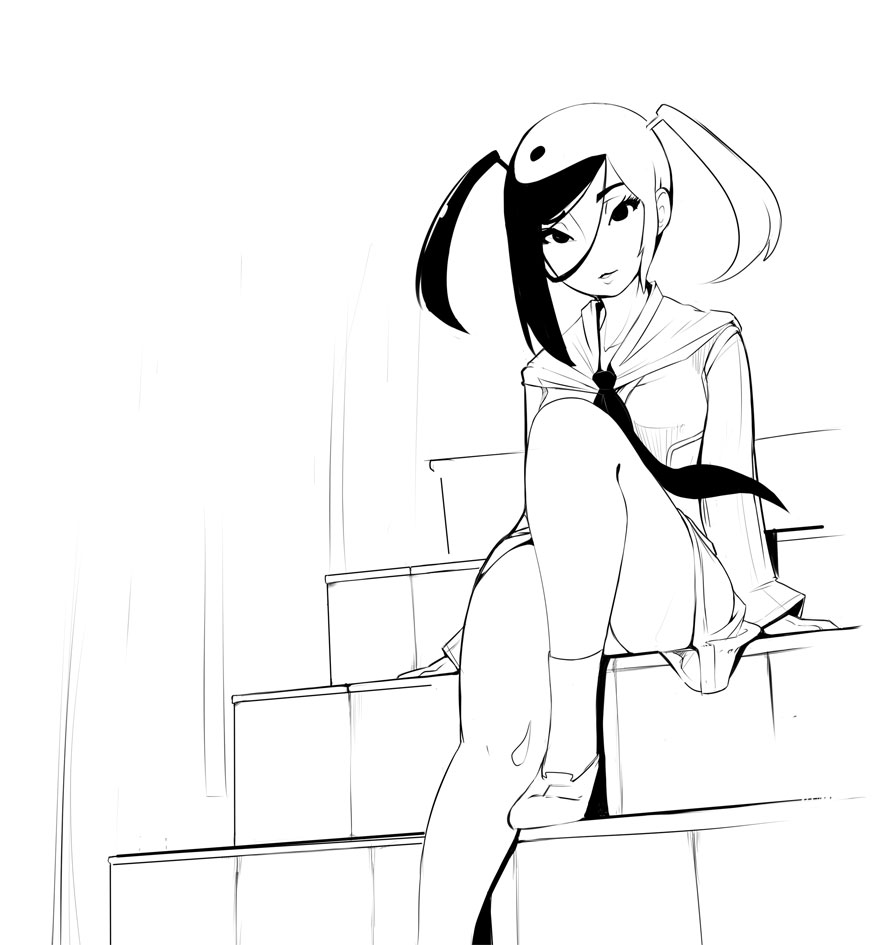 черно белая картинка школьница на лестнице в стиле Инь Янь