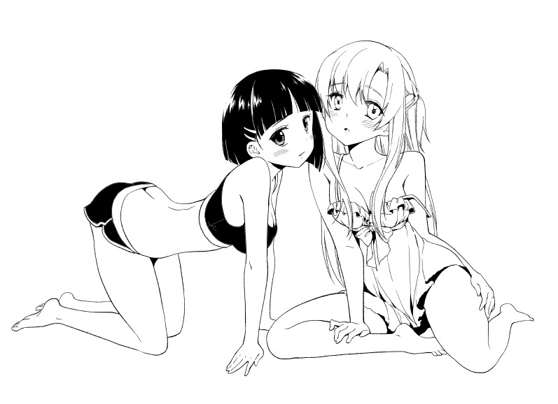 черно белая картинка две аниме девушки из sword art online asuna (sao) kirigaya suguha