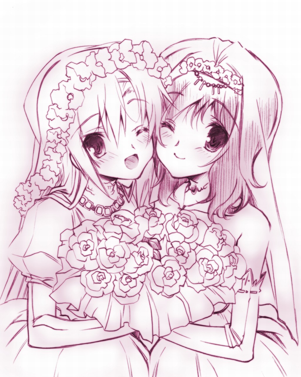 черно белая картинка две аниме девушки в свадебном платье с цветами из аниме hayate no gotoku!