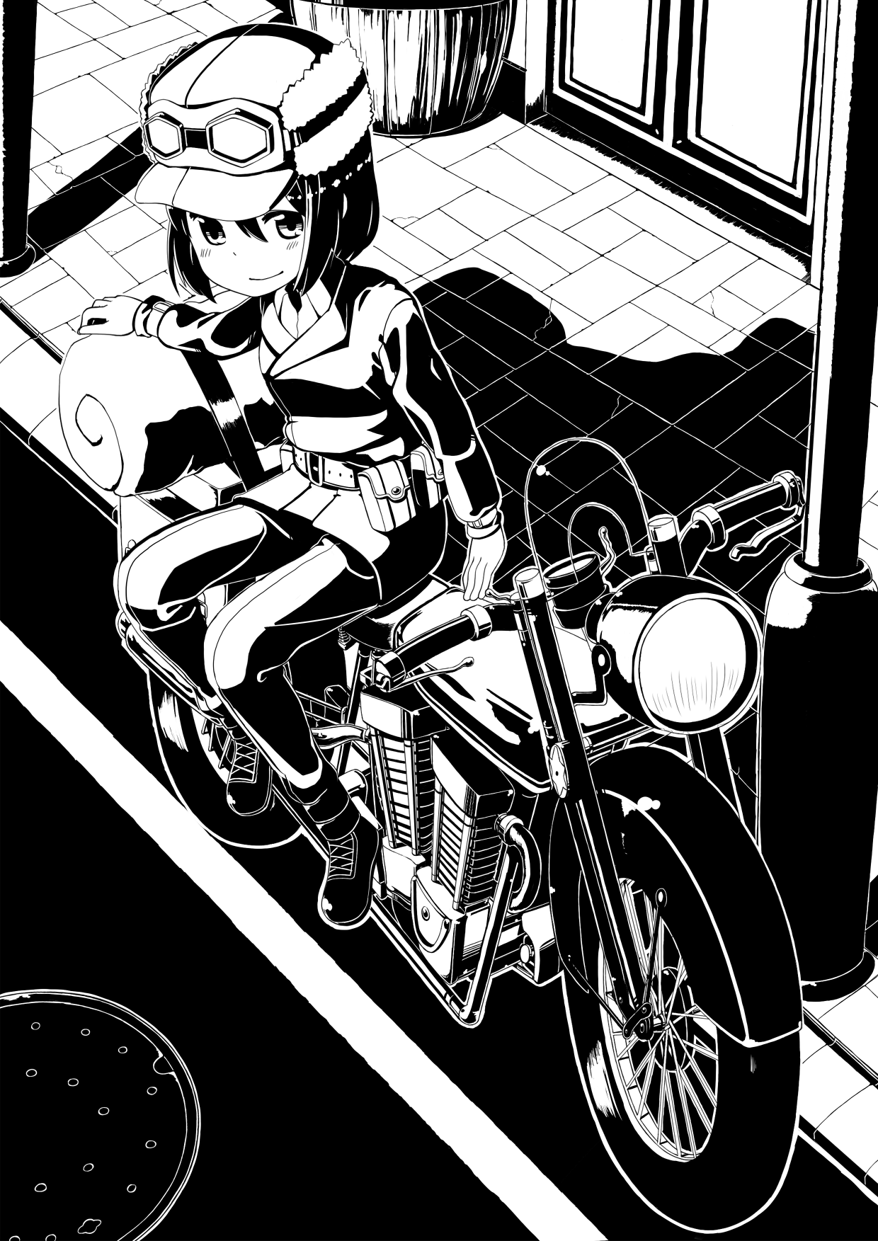 черно белая картинка аниме девочка на мотоцикле из аниме kino_no_tabi