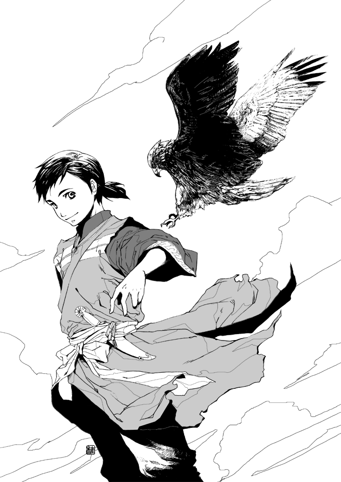 черно белая картинка аниме парень с птицей seirei_no_moribito художник katsura (+araka)