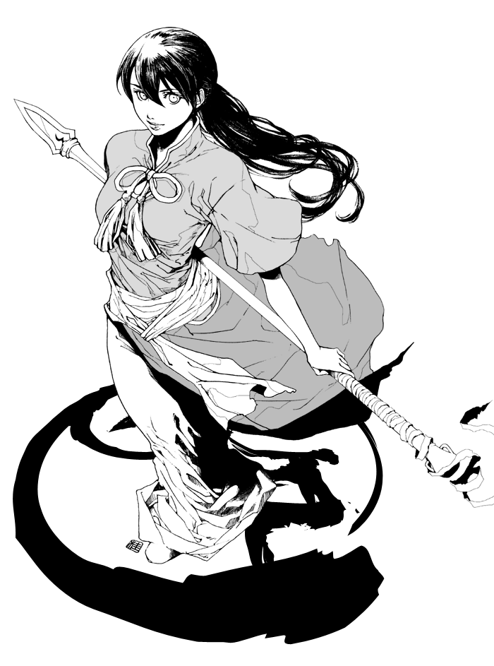 черно белая картинка аниме девушка с посохом seirei_no_moribito художник katsura_(+araka)