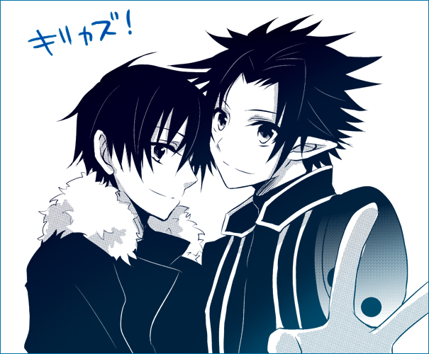 черно белая картинка два аниме парня из sword art online kirito_(sao-alo)