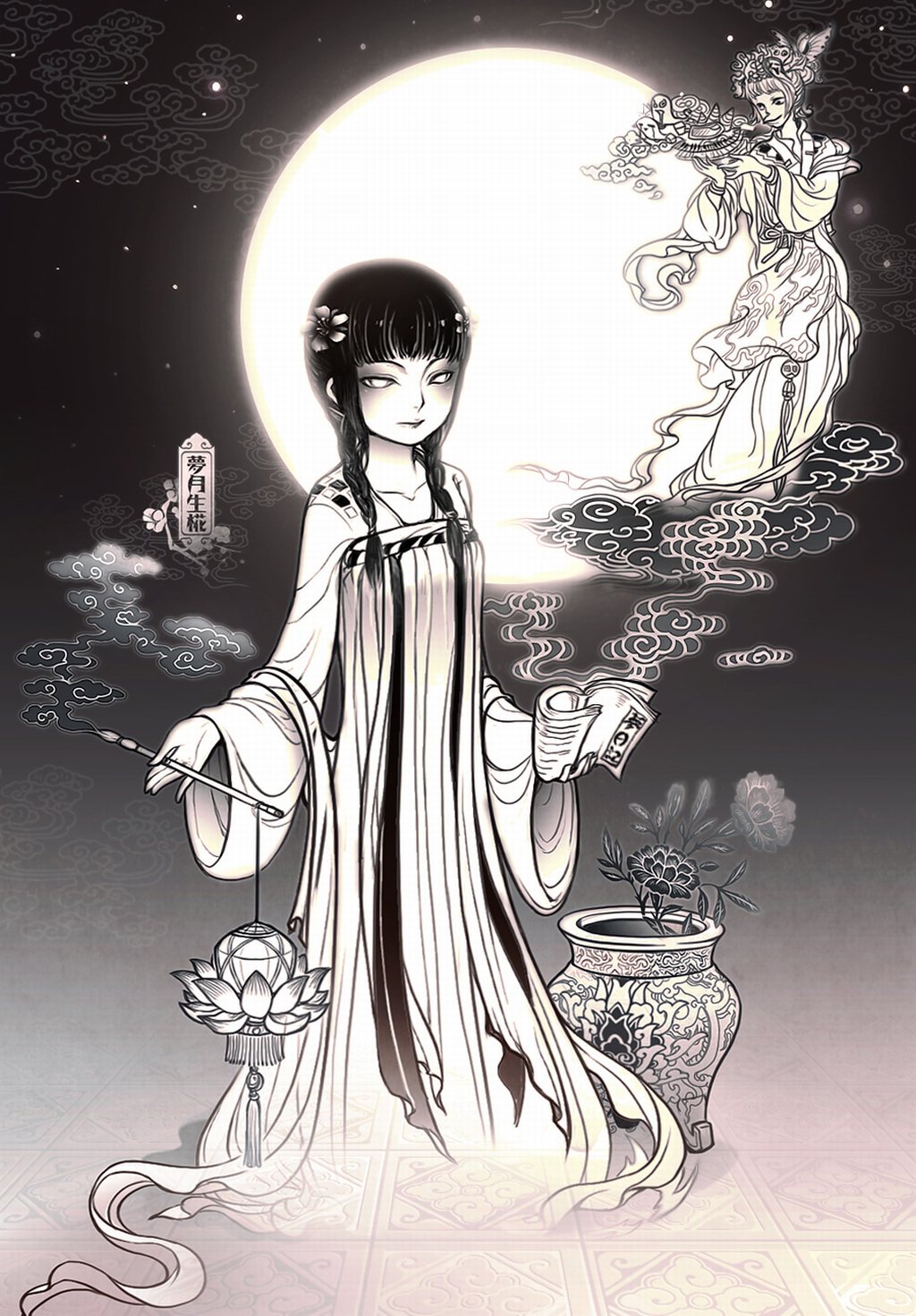 черно белая картинка аниме девушка совершает ритуал и вызывает духа  художник yume_nikki