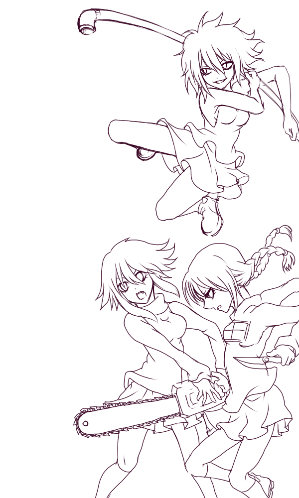 черно белая картинка три аниме девушки из игры Yume Nikki с трубой ножом и бензопилой