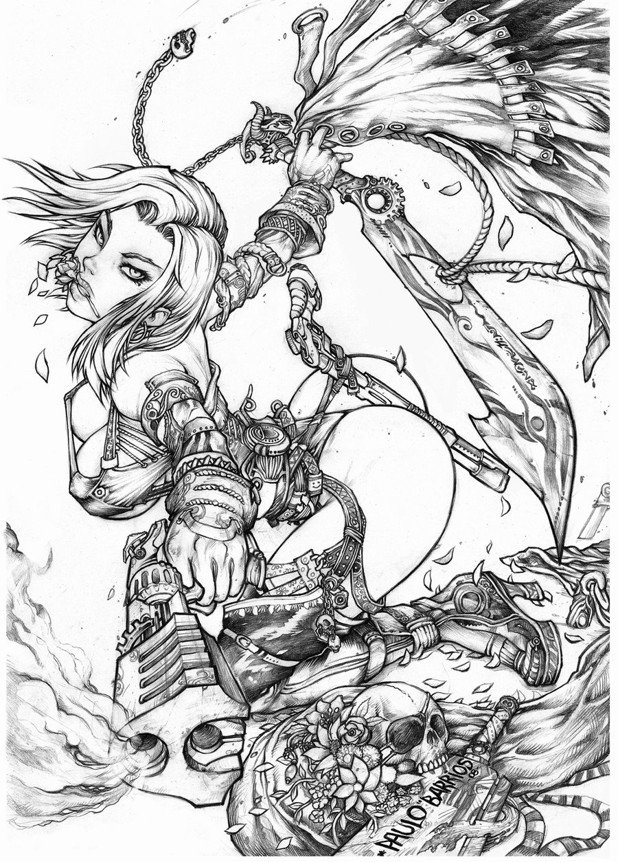 черно белая картинка девушка с мечом и пистолетом художник paulo_barrios
