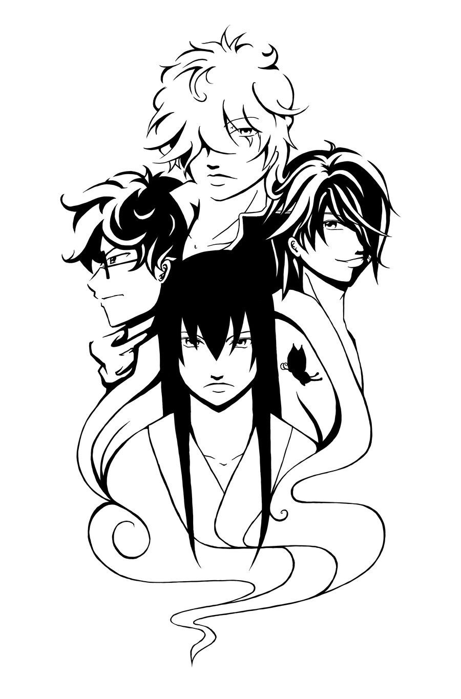 черно белая картинка Гинтама Gin-san, Zura, Sakamoto-san Takasugi Sorachi Hideaki художник tsukkomimi-mode