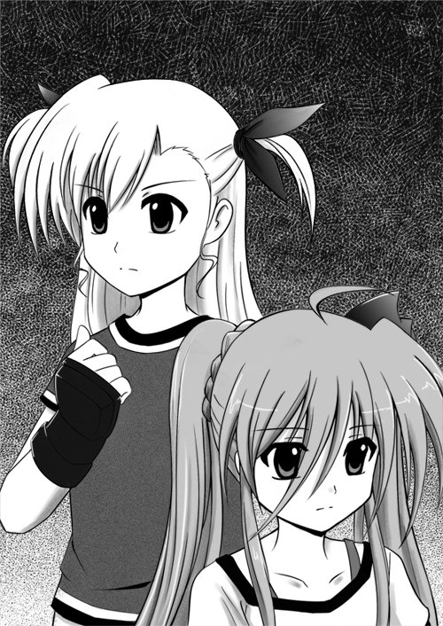 черно белая картинка две девочки из mahou shoujo lyrical nanoha strikers