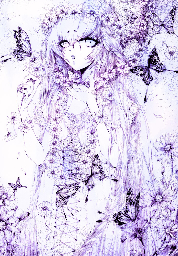 черно белая картинка аниме девушка с бабочками и цветами
