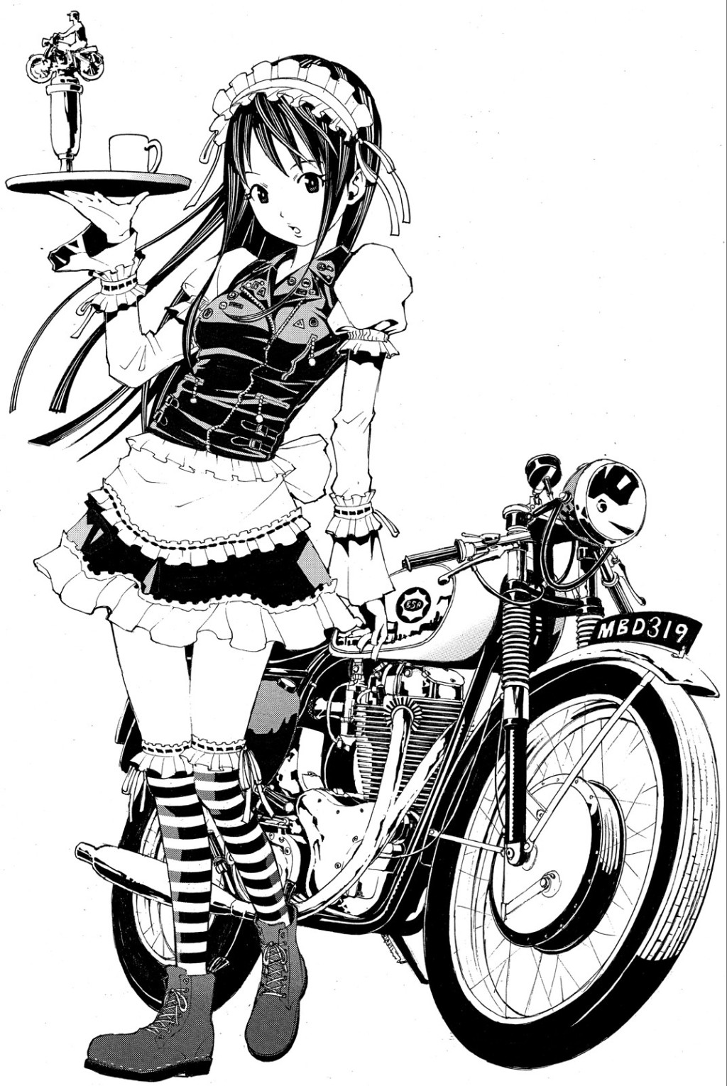 черно белая картинка девушка горничная у мотоцикла  by fukushima